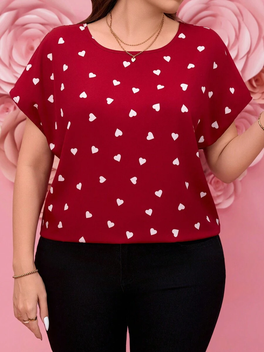 SHEIN LUNE Blouse romantique élégante à imprimé cœur grande taille. Romantique, décontractée, idéale pour la Saint-Valentin, les anniversaires, le Nouvel An, les sorties, le bureau et les occasions décontractées.