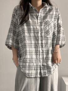 DAZY Women's Plaid Short Sleeve Front Button Pocket Casual Loose Blouse,Flannels Women - White - View 4