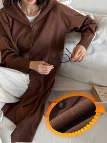 DAZY Winter Minimalist Knitted Hooded Loose Bathrobe Pajama, Cozy Outfit - Brown - View 4