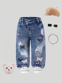 SHEIN Baby/Baby Girl Asymmetrical Elastic Waist Fitted Butterfly Print Straight Leg Light Wash Jeans - Medium Wash - View 1