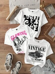 Attitoon 3pcs White Casual Minimalist Cool Girl Vintage Car Castle Butterfly Graphic Round Neck Loose Short Women Top T-Shirt, Suitable For Summer Suitable For Going Out