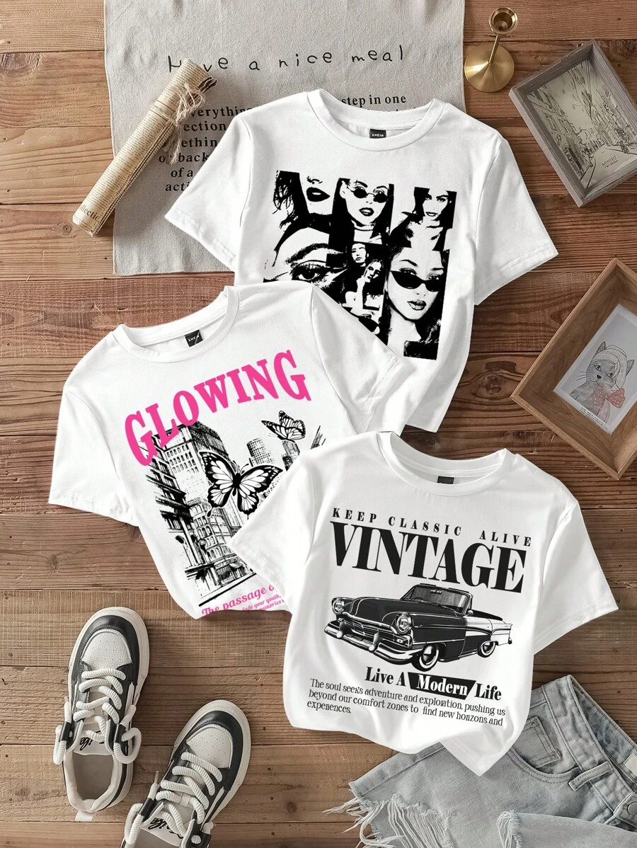 Attitoon 3pcs White Casual Minimalist Cool Girl Vintage Car Castle Butterfly Graphic Round Neck Loose Short Women Top T-Shirt, Suitable For Summer Suitable For Going Out
