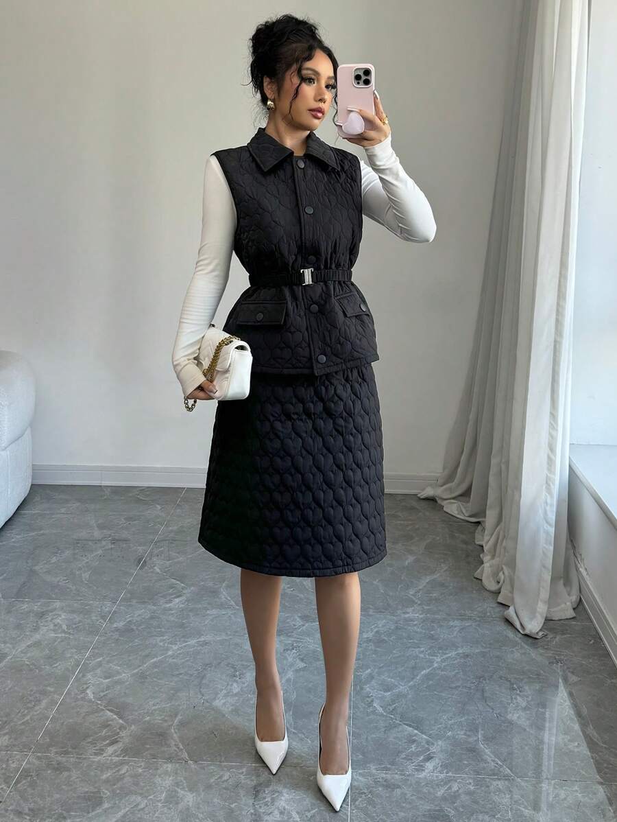 Elenzga 2 件套女士保暖夹克背心和裙子套装，适合秋冬季保暖