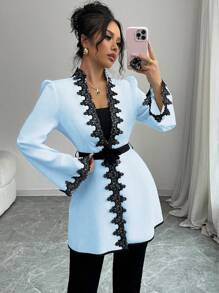 Elenzga Contrast Color Block Ruffle Waist Detail 3D Flower Women Regular Jacket - Blue - View 5