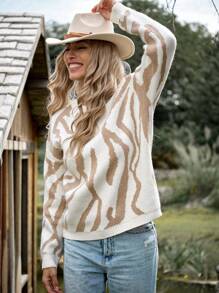 LanaWest Women Casual Asymmetrical Pattern Pullover Sweater Knit Pullover Fall Winter Outfit - Apricot - View 4