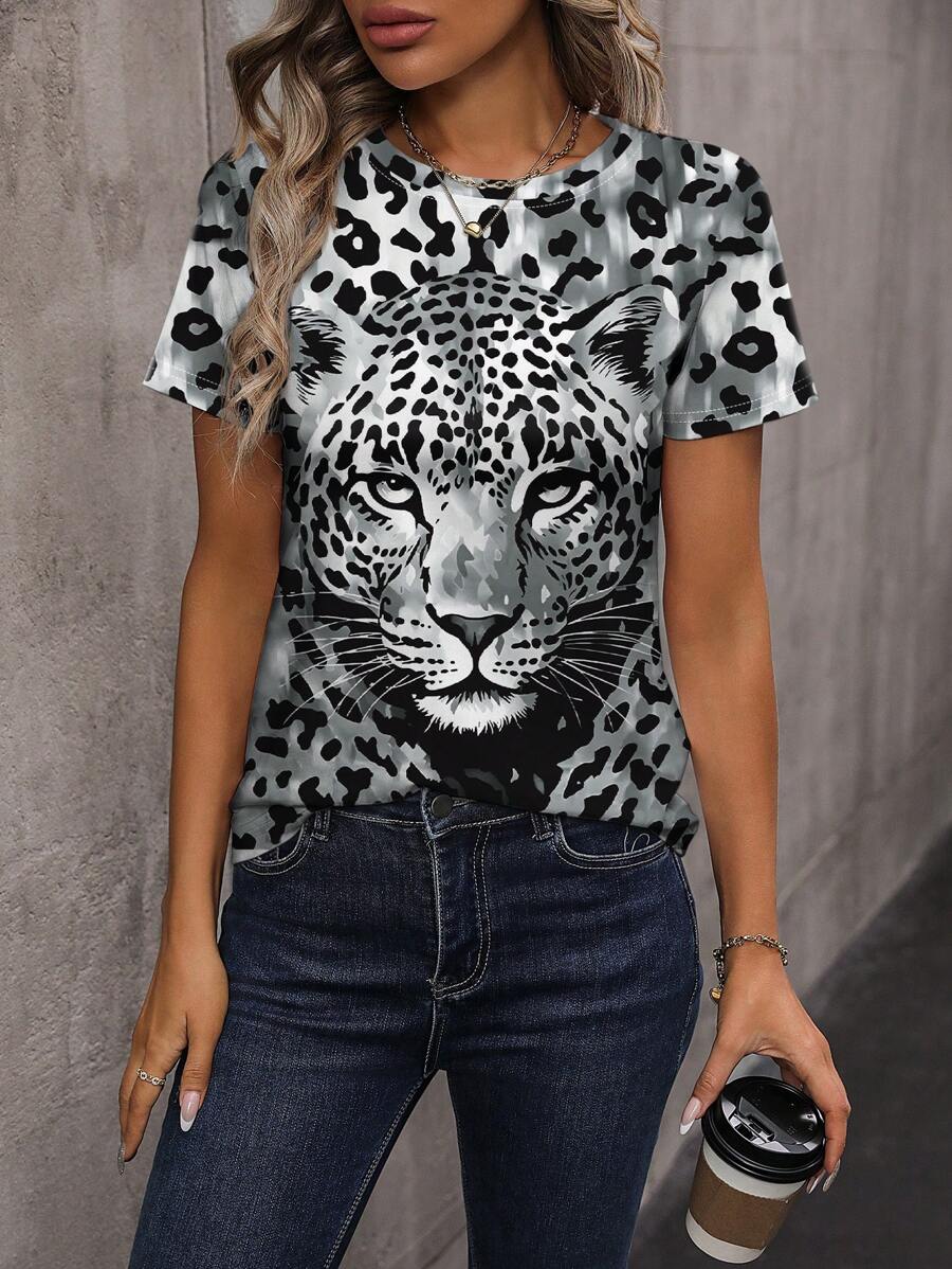 INAWLY 猎豹全图案，复古豹纹印花圆领短袖女式 T 恤图案 T 恤女式上衣 - 彩色 - 查看 1