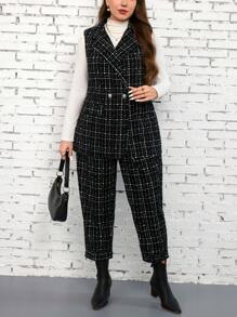 SHEIN LUNE Plus Size Plaid Double Breasted Vest And Pants Suit Winter Clothes For Women - Black and White - View 4