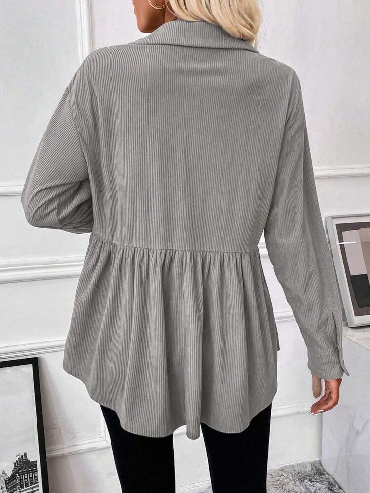 Flap Pocket Drop Shoulder Peplum Corduroy Coat Fall Winter Cloth For Women