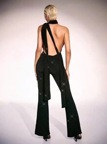 Zolique Women's Solid Color Shiny Cutout Halter Backless Jumpsuit, Sexy And Fashionable New Years Club Holiday Party Outfits Women - Black - View 8