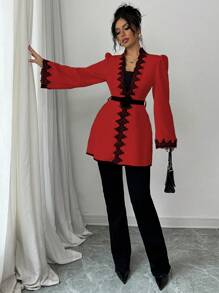 Elenzga Women Regular Fit Jacket With Contrast Color Paneled Floral Lace Waist Detail - Red - View 3