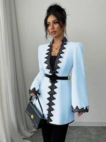 Elenzga Contrast Color Block Ruffle Waist Detail 3D Flower Women Regular Jacket - Blue - View 7