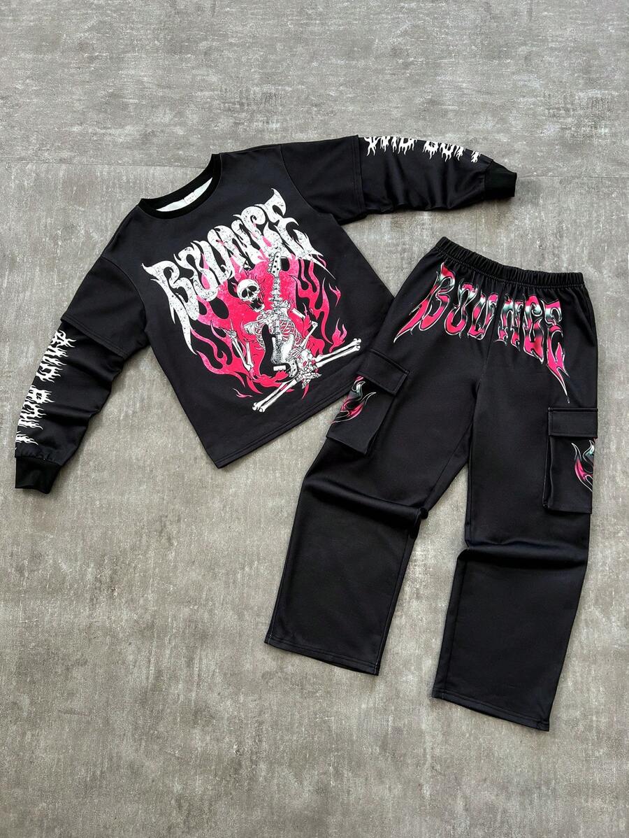 SHEIN Leap Crew 青少年男孩宽松休闲运动圆领图案长袖 T 恤和运动裤 2 件套 - 黑色 - 查看 1