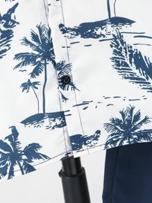 2pcs Outfit For Tween Boys: Coconut Print Shirt And Solid Color Shorts For Summer - Navy Blue - View 6