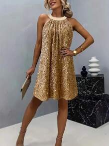 Women's Elegant Romantic Party Gold Sequin Halter Sleeveless Dress
