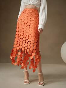 Anewsta Laser Cut Multi Circle Double Layered Skirt Maxi - Orange - View 2