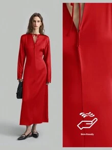 Ontre Poplin Material Women's Dress 2025 New Spring Fashion, Batwing Sleeves Elegant Formal Long Sleeve Tie-Neck Dress In Deep Red, Long Sleeve Satin Formal Gown