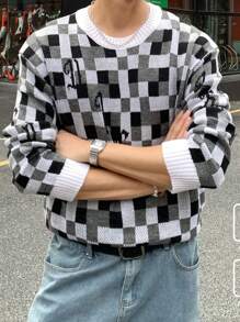 Claim Dot Men's Casual Checkerboard Pattern Round Neck Long Sleeve Sweater, Autumn/Winter - Multicolor - View 2
