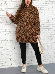 SHEIN LUNE 2 件大码纯色豹纹长袖连帽衫和裤子休闲套装冬季服装 - 彩色 - 查看 3