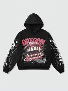 ROMWE MEN Street Life Sudadera suelta con capucha con estampado de letras y labios para hombres, otoño/invierno