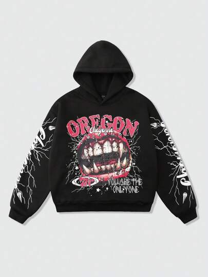 Street Life Sudadera suelta con capucha con estampado de letras y labios para hombres, otoño/invierno