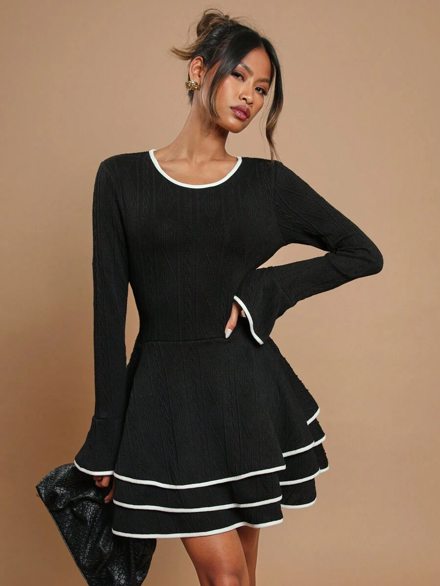 COSMINA 女式休闲拼布饰边分层下摆复古风格优雅连衣裙，秋冬款 - 黑與白 - 查看 1