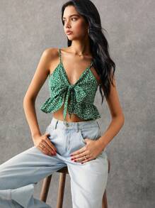 SHEIN Frenchy 小碎花繫帶荷葉邊下擺吊帶上衣