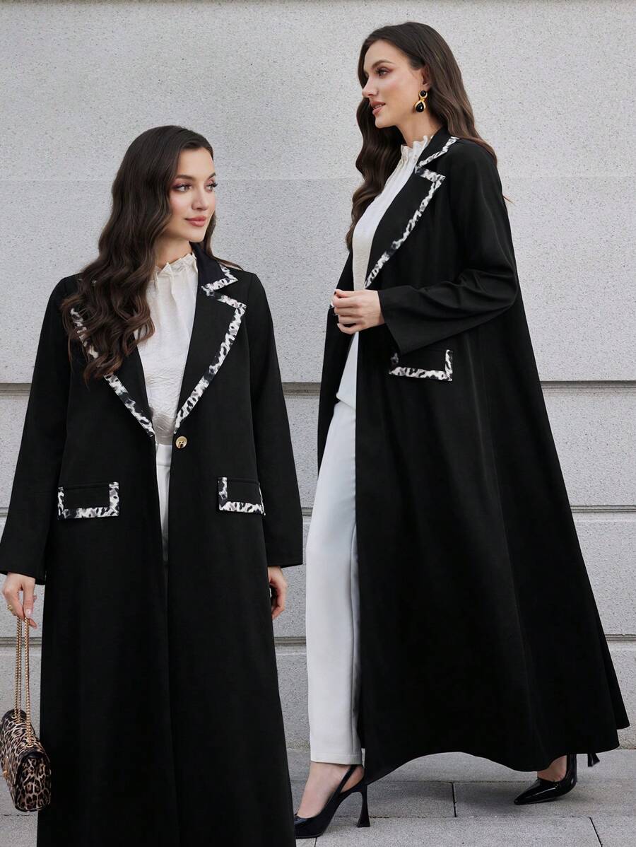 Al Najma Women's Leopard Print Collar Abaya Robe Jacket, Suitable For Autumn/Winter - Black - View 1