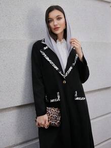Al Najma Women's Leopard Print Collar Abaya Robe Jacket, Suitable For Autumn/Winter - Black - View 8