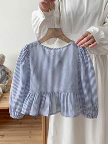 SHEIN LMoss Kids LMoss Young Girl Young Girl Woven Striped Puff Sleeve Loose Casual Shirt - Blue - View 2