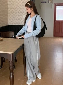 DAZY 女式松紧腰撞色蕾丝宽松长款运动裤，适合所有季节的休闲精致蕾丝女式运动裤秋季女式慢跑裤 - 灰色 - 查看 8