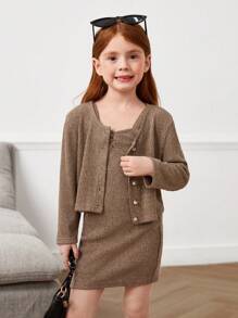 Set de 2 piezas con chaqueta corta de punto de unicolor y vestido casual de punto ajustado para niñas jóvenes - Caqui - Ver 1