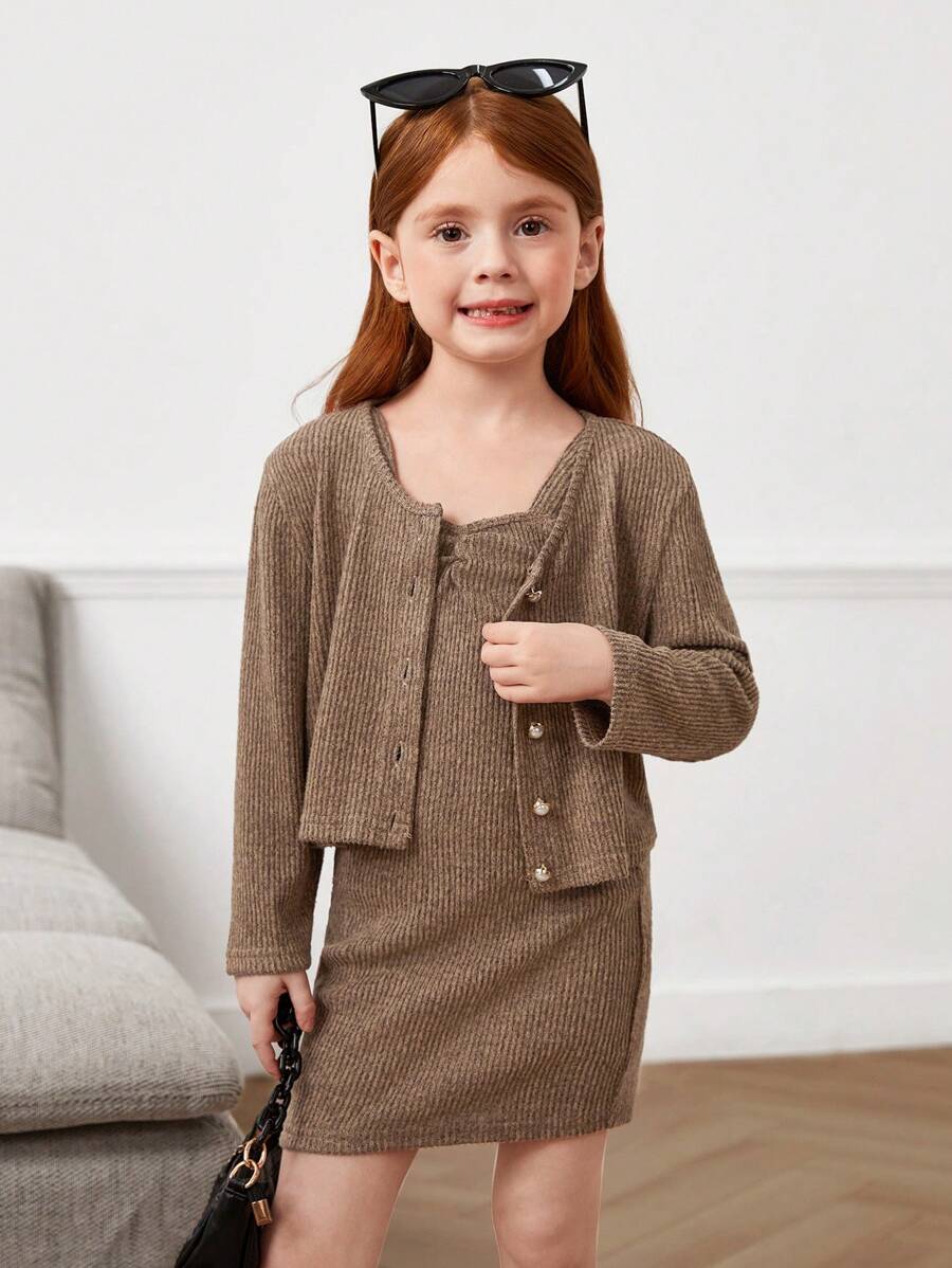 Set de 2 piezas con chaqueta corta de punto de unicolor y vestido casual de punto ajustado para niñas jóvenes - Caqui - Ver 1