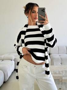 Aloruh Women's Autumn And Winter Sweater, Warm, Casual, Elegant, Business Commuting, Old Money Style, Loose Black And White Striped Knitted Top, Round Neck Long-Sleeved Striped Sweater (Including Scarf )2pce, Daily Wear