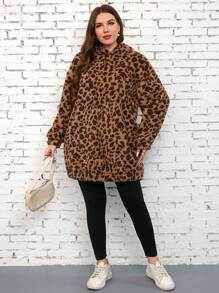 SHEIN LUNE 2 件大码纯色豹纹长袖连帽衫和裤子休闲套装冬季服装 - 彩色 - 查看 5