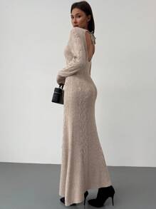 Aloruh Cable Knit Backless Solid Color Long Sleeve A-Line Dress, Slim Fit, Autumn/Winter - Apricot - View 3