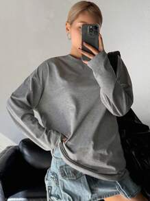 DAZY Solid Color Round Neck Loose Long Sleeve Long Length Women T-Shirt,Fall Clothes Preppy Tops