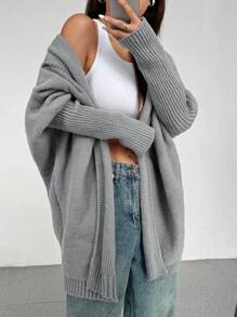 Flirla Women Solid Color Bat Sleeve Loose Casual Hooded Cardigan, Versatile For Autumn/Winter