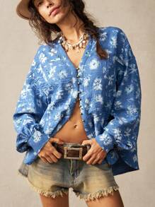 Bohemela 休闲编织牛仔效果印花灯笼袖宽松女式衬衫