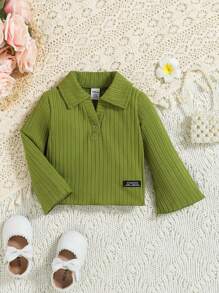 SHEIN Baby Girl V-Neck Elegant Ribbed Blouse - Army Green - View 1