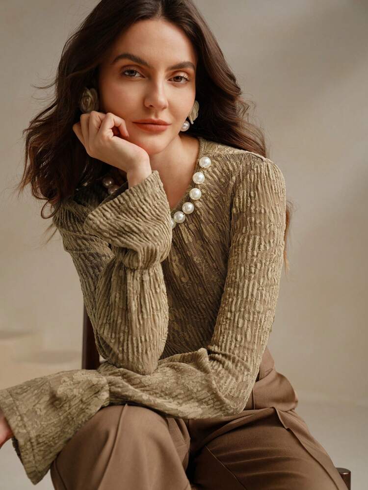 Elegant Work Wear Khaki Pearl Collar Bell Sleeve Textured Top , Women New Year