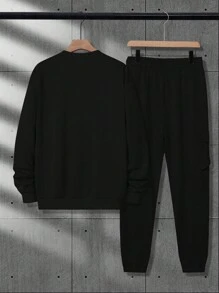 Manfinity Homme Men's Solid Color Crewneck Long Sleeve Sweatshirt And Drawstring Waist Cargo Pants Casual 2 Pieces Set, Autumn/Winter, Men Sweatsuit Set, Men 2 Pieces Set Black, Cargo Pants