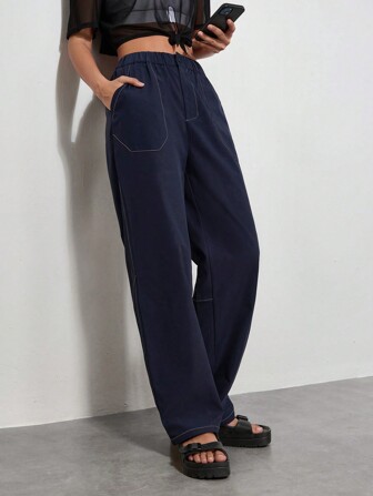 SHEIN Sports 女式弹性腰部口袋直筒宽松徒步裤