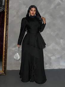 Slaydiva Plus Size Women Elegant Solid Color Dress For Party - Black - View 5