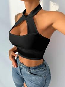 VaVaBold Women's Hollow Out Spaghetti Strap Backless White Crop Top - Black - View 3