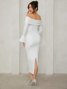 MaterniChic Solid Off-Shoulder Textured Long Sleeve Bodycon Maternity Dress, Suitable For Party, Wedding, Evening, Baby Shower, Spring/Autumn - White - View 2