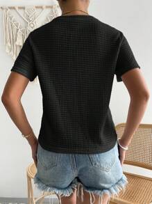 SHEIN Essnce 女士纯色圆领短袖华夫格休闲 T 恤 - 黑色 - 查看 2