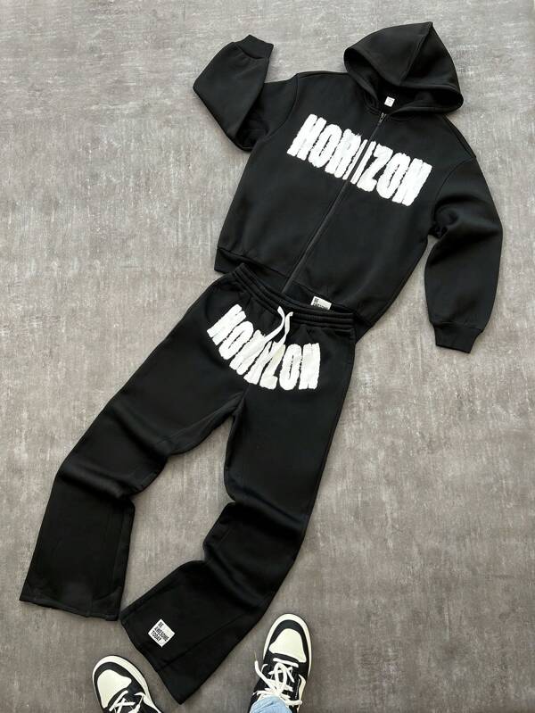 SHEIN Set da tuta sportiva da ragazzo adolescente con felpa con cappuccio e pantaloni a tema grafica con scritte, 2 pezzi