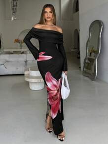 Aloruh Elegantes romantisches und sexy Damen Kleid mit Blumen-Muster, Off-Shoulder, Puffärmel, Bodycon-Form, für Herbst/Winter, Damenkleider, Valentinstag, Karnevalskleider, Urlaubsoutfits, elegante Damenkleider, elegantes Kleid, Langarmkleid