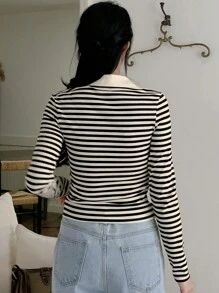 Blusa de manga larga a rayas de uso casual para mujer, para uso diario - Negro - Ver 6