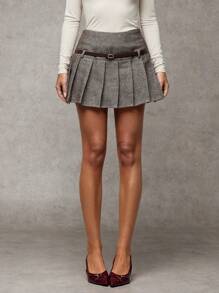 SHEIN BAE Falda corta plisada de lana tipo espiga para mujer, apta para otoño/invierno, falda mini de estilo patinador, adecuada para salir o usar en la oficina - Marrón - Ver 1